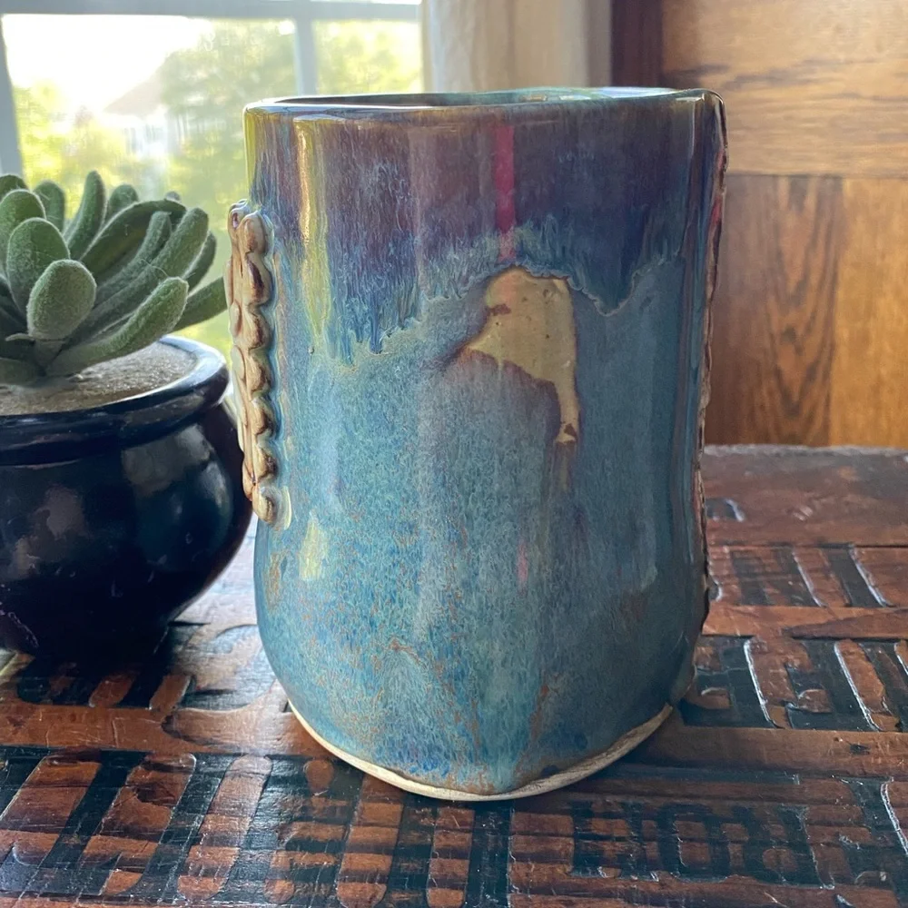 Studio Pottery Blue Daisy Vase Crock EUC